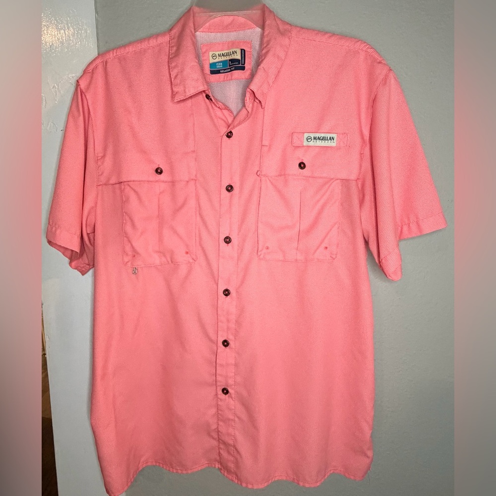 Magellan Outdoors Laguna Madre Peach Short Sleeve button Shirt Men L
